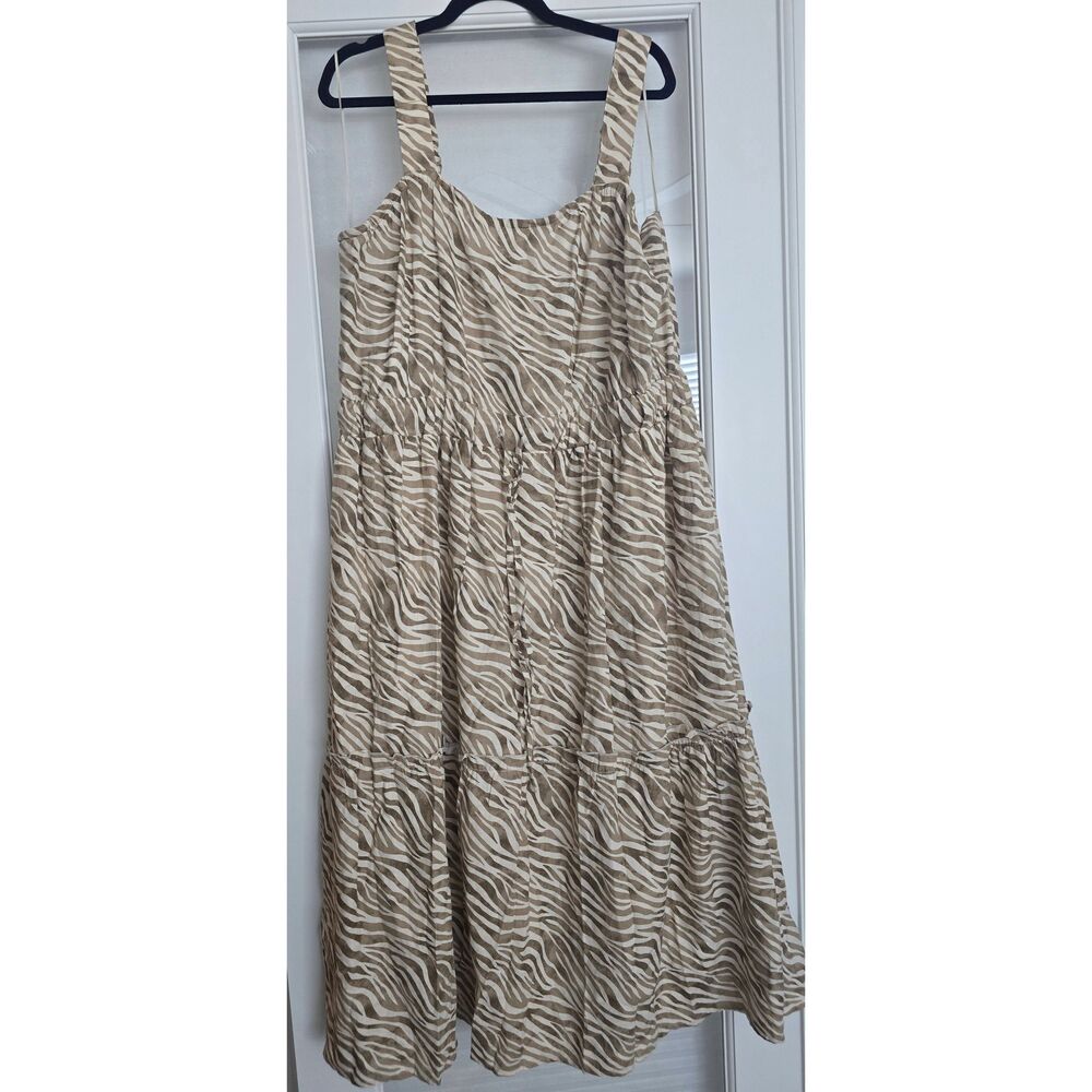 Women's Cactus + Pearl Linen Blend Zebra Pattern Tiered Ruffled Tank Dress Tan C